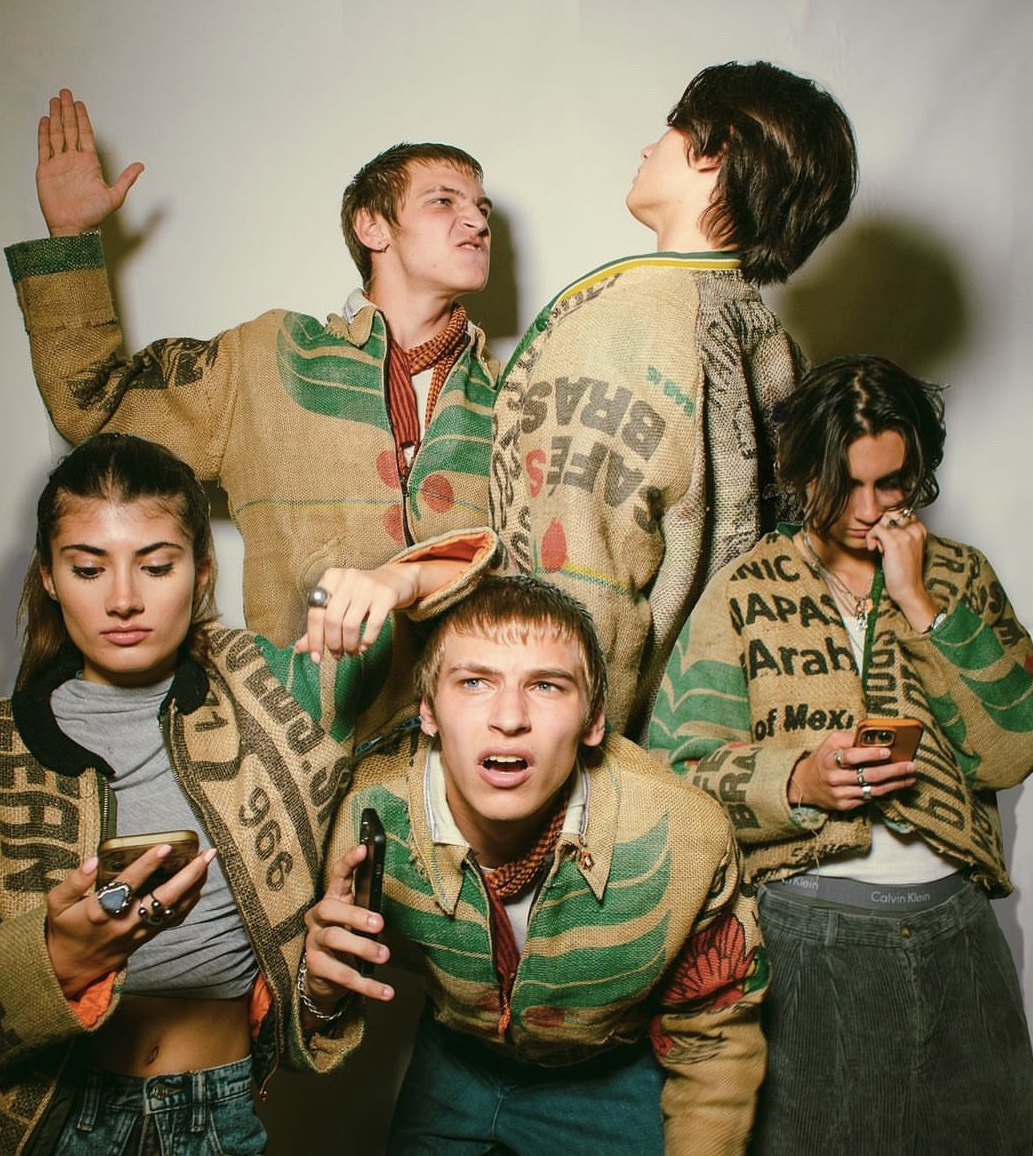 Five models in the coffee-sack collection