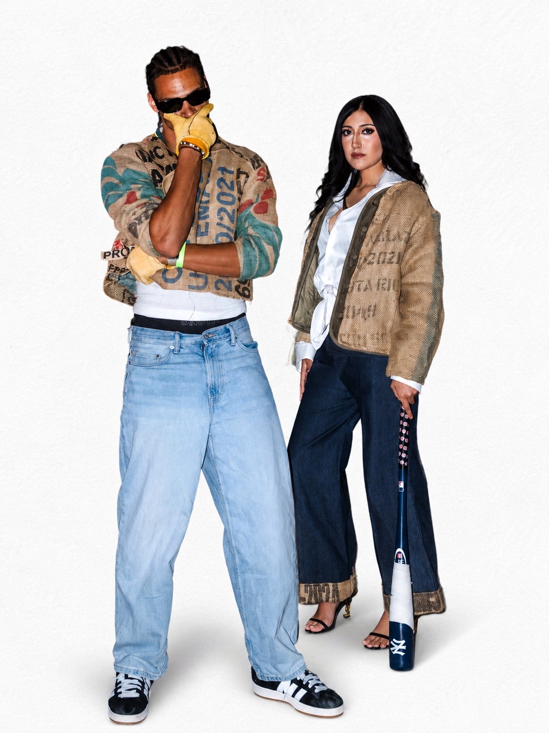 Look 06 — the pair: sack jacket with denim, burlap cardigan with white shirt