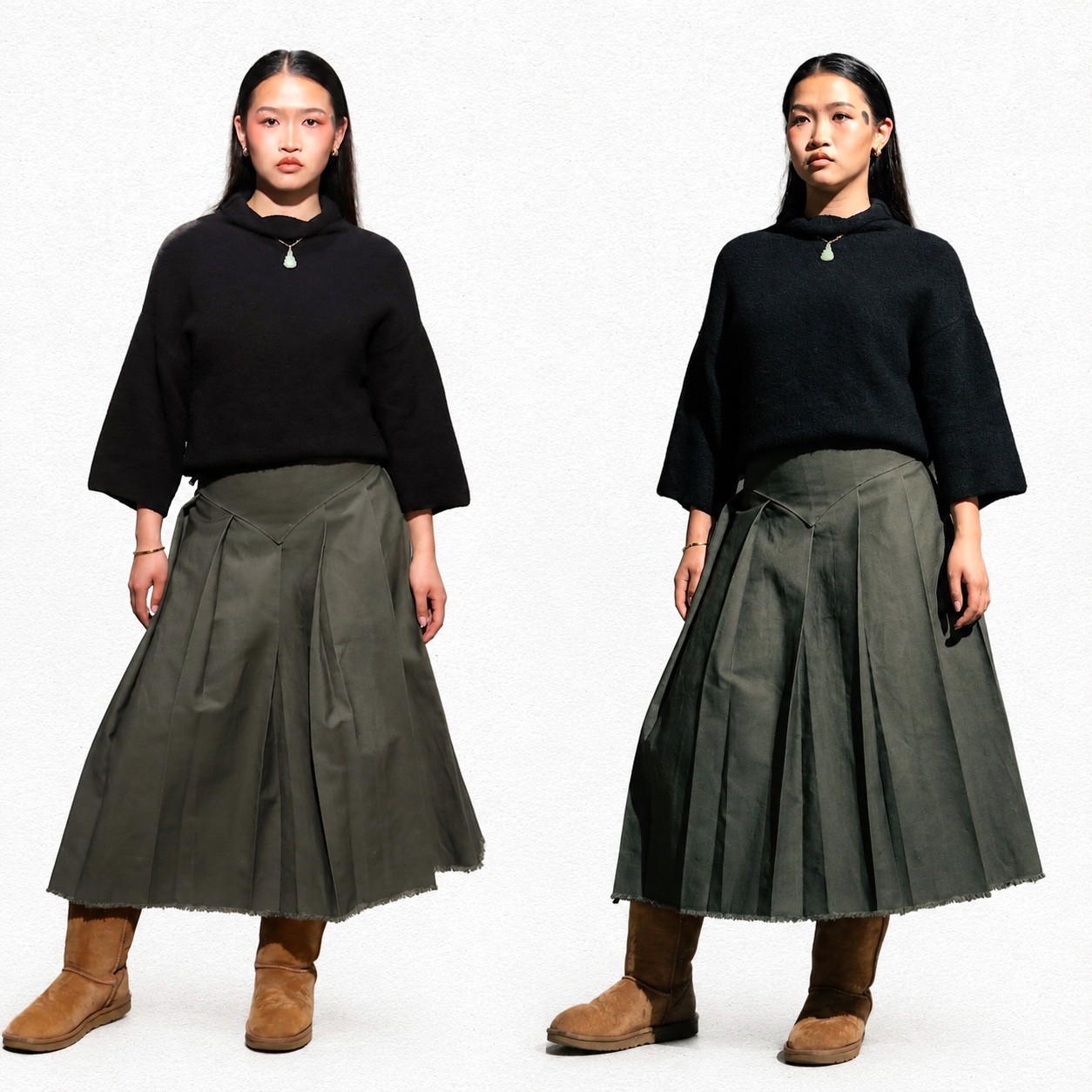 Look 03 — black knit and olive pleated skirt, shown twice