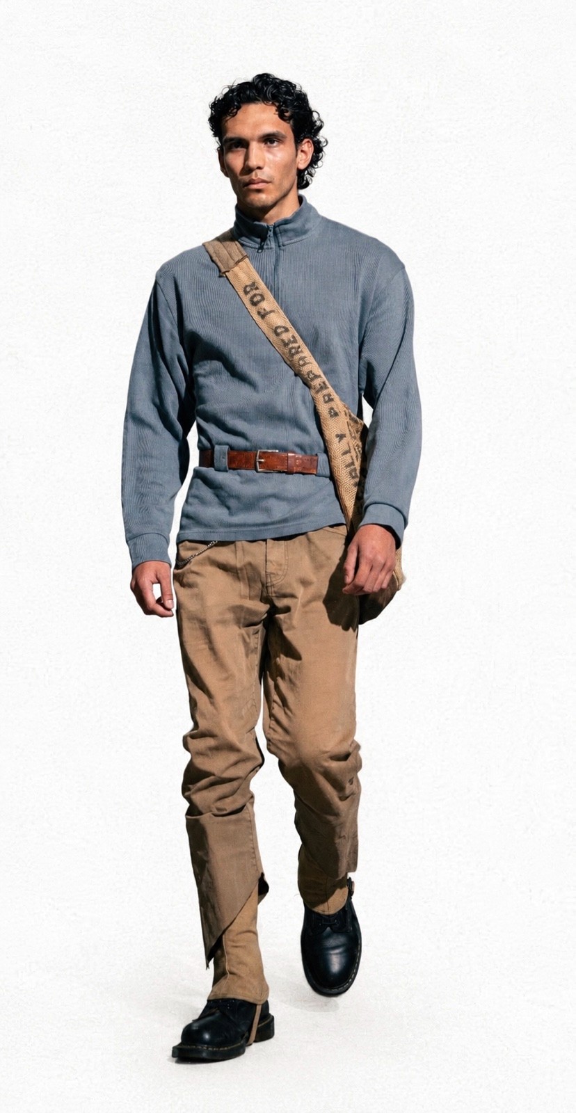 Look 02 — slate pullover with stenciled sash and field trousers