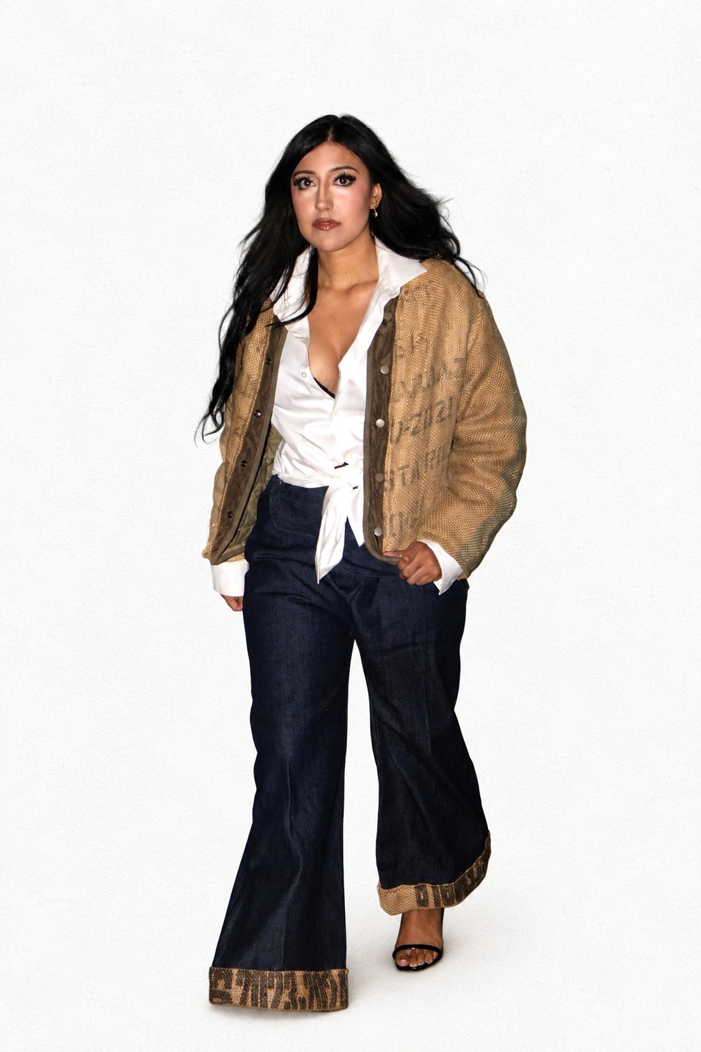 Look 05 — coffee-sack bomber over white blouse, wide denim with burlap cuffs