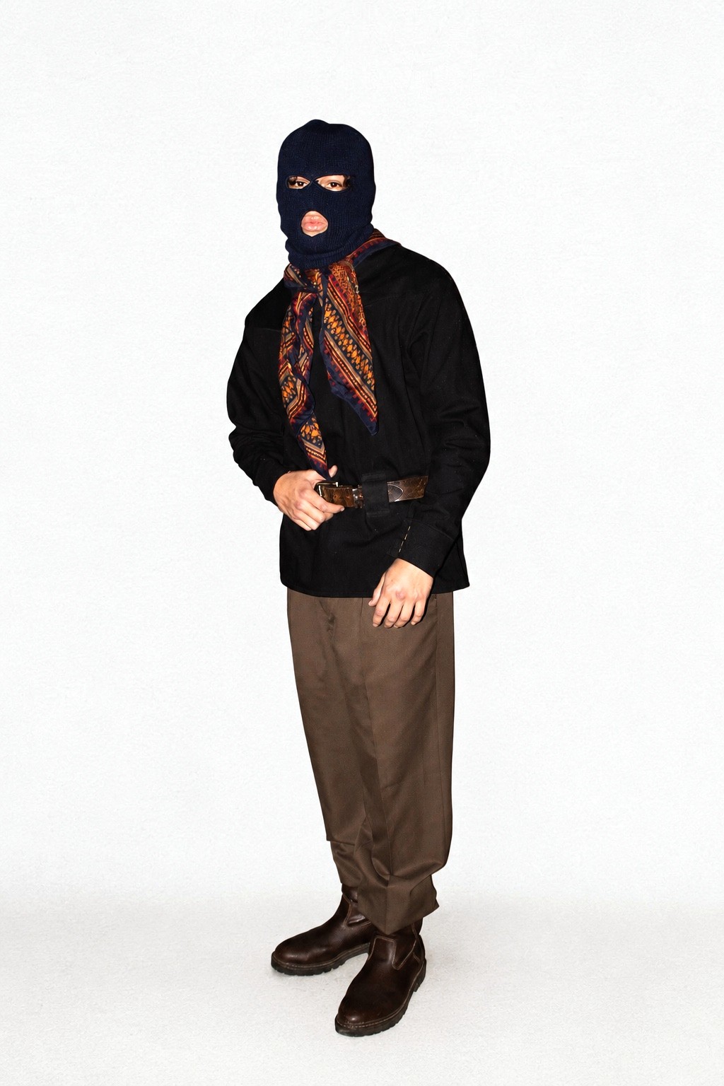 Navy balaclava, patterned scarf, black belted shirt