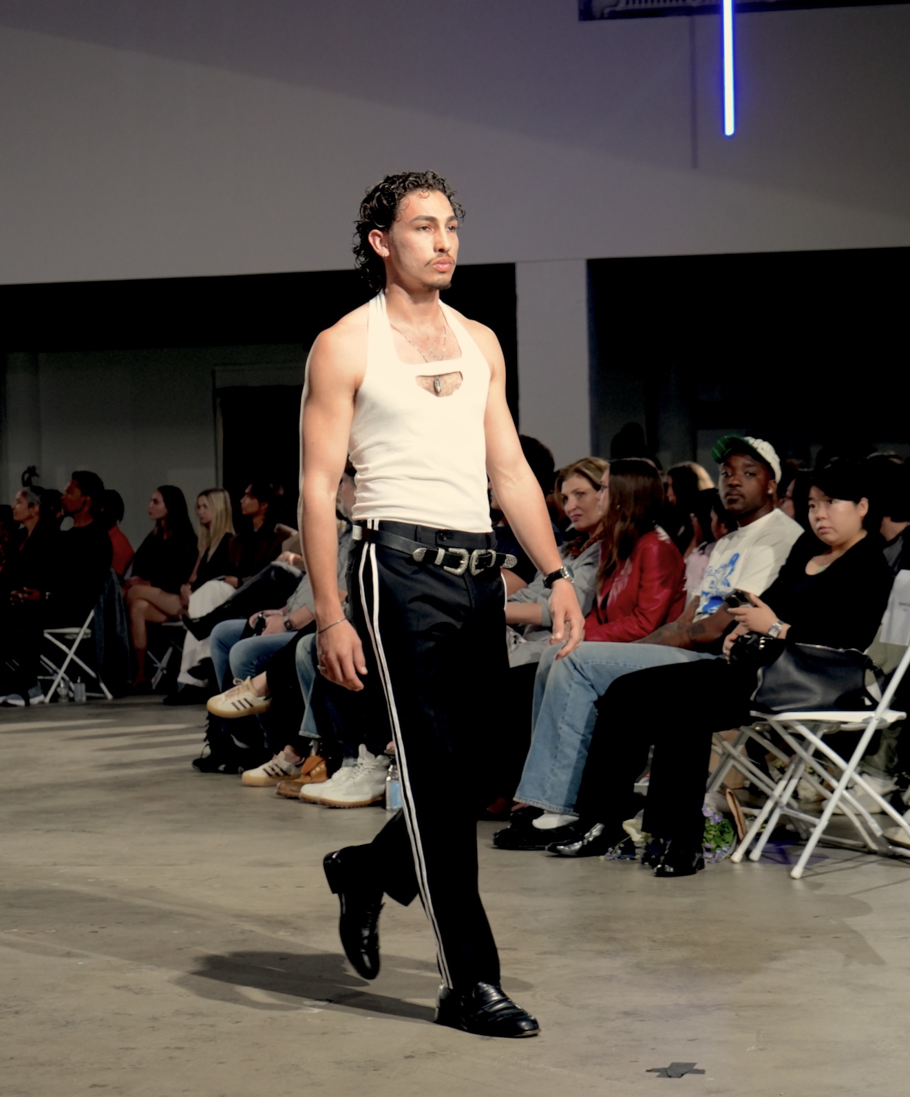 White tank and tailored side-stripe trousers