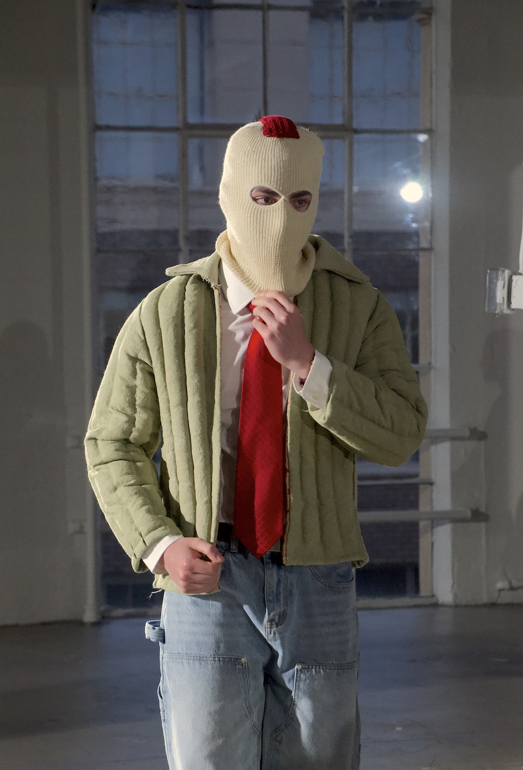 Cream balaclava and quilted jacket, walking