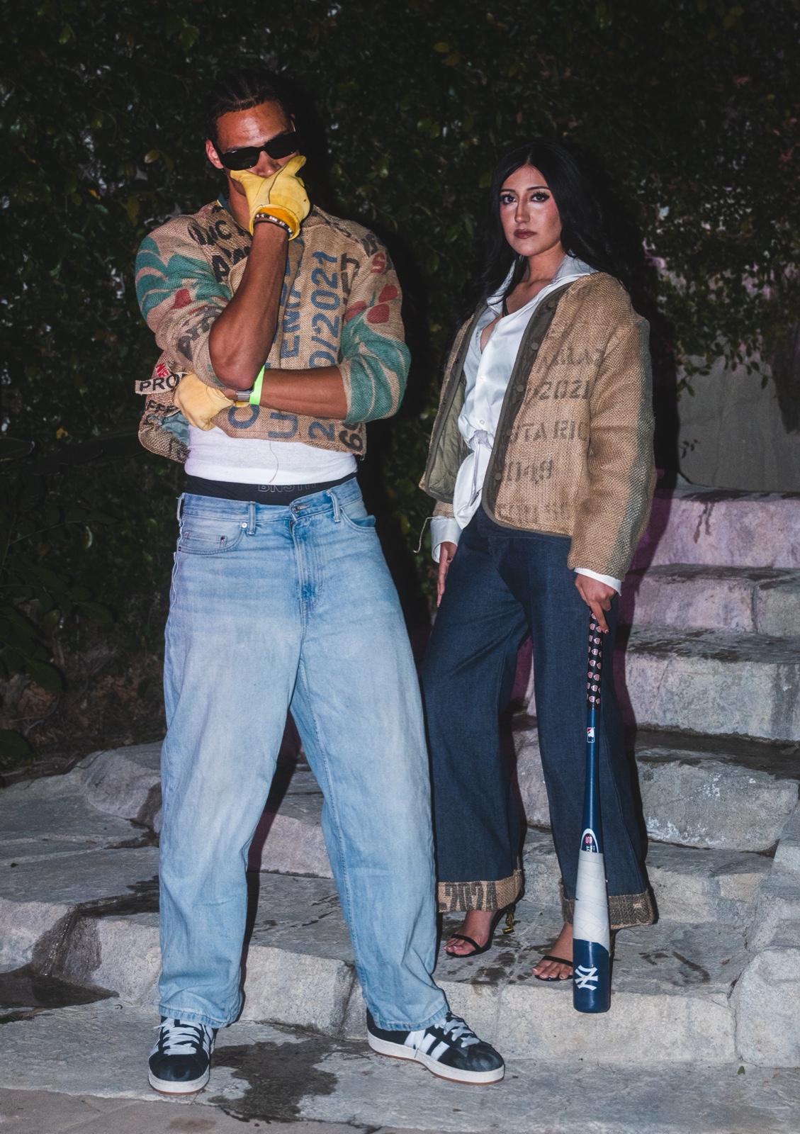 After hours — two looks photographed at night on stone steps