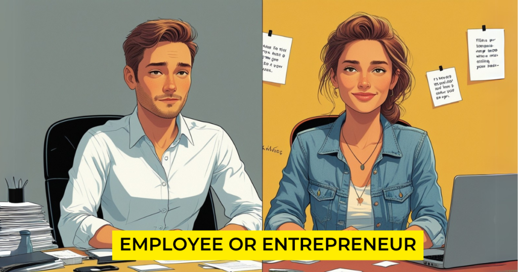 A side-by-side comparison of an employee and an entrepreneur, illustrating the differences between having a job and running a business.